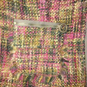 David Meister Jacket Tweed Brass Zipper Pockets sz 10 Collarless Short Fitted